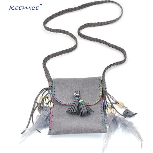 New handmade with feather tassel charm leather phone small bag pendents necklace for women