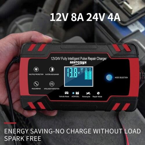 24V 4A 12V 8A Full Automatic Car Battery Charger Pulse Repair LCD Display Smart Fast Charge AGM Deep Cycle GEL Lead-Acid