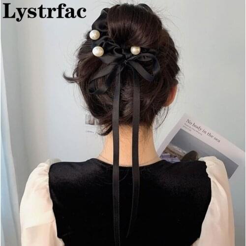 Lystrfac Korean New Bow Ribbon Pearl Scrunchies for Women Girls Hair Tie Head Rope Female Vintage Hair Ring Hair Accessories