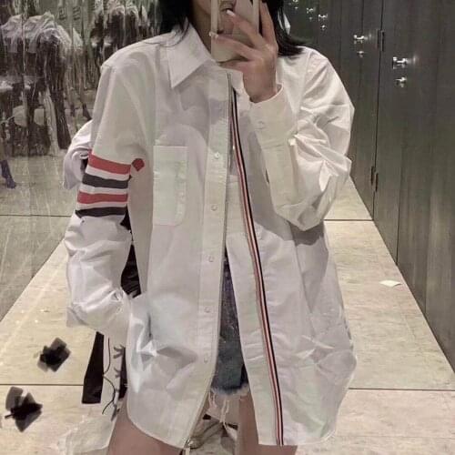 2021 Luxury New TB Shirt Men Zipper Fashion Causal Top Long Sleeves Stripe White Blouse High Quality Oxford Cotton Korean Design