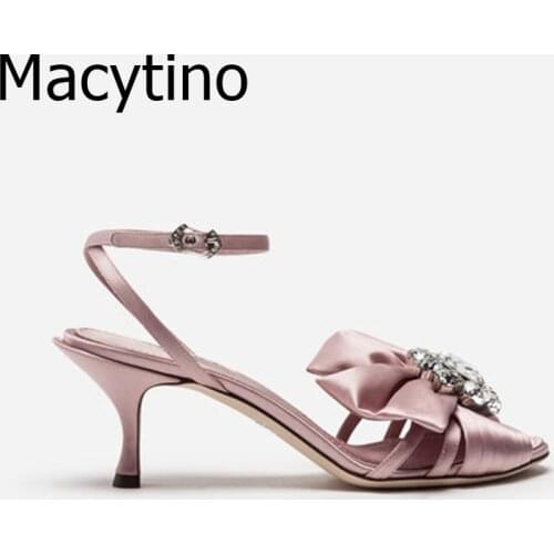 Bowknot Crystal High Heel Sandals Women Black Pink Satin Sandalia Feminina Ankle Strap Stiletto Party Wedding Shoes Woman