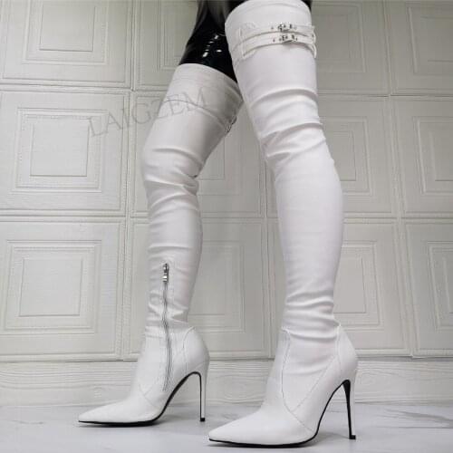 BERZIMER Women Thigh High Boots Elastic Buckle Strap High Heels Over Knee Boots White Black Shoes Woman Big Size 41 43 46 47
