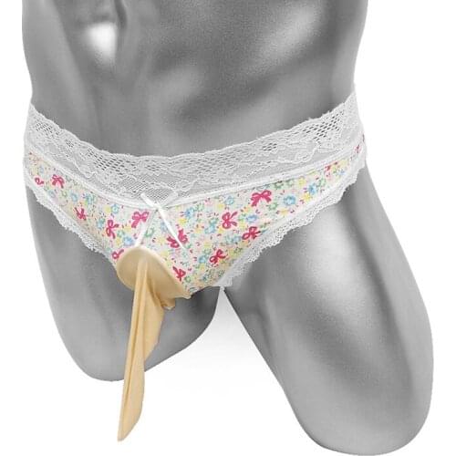 Sexy Funny Lace Mens Briefs Bikini Lingerie Transparent Sissy Penis Sheath Panties Underwear Floral Gay Clothing Costume