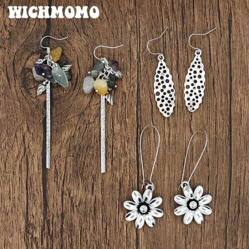 WICHMOMO Retro Zinc Alloy Cute Flower Natural Stones Earrings Womens Accessories Gifts EST021