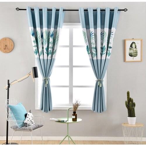 Modern Fashion Short Blackout Curtains For Living Room Bedroom High Quality Blue Green Leaf Drapes