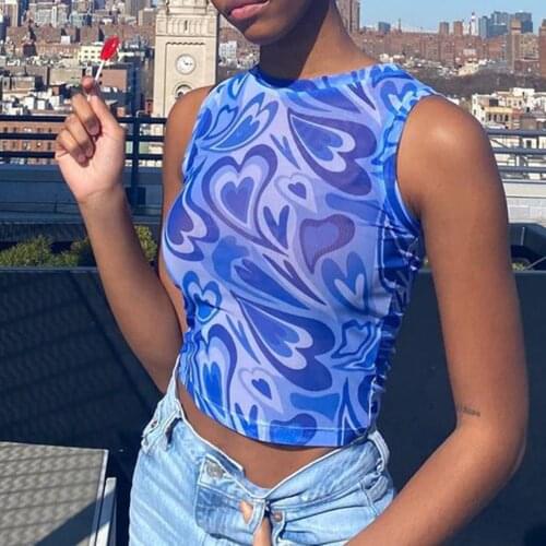 Tie Dye Y2K 90s Aesthetics Mesh Tops Summer Women Tanks 2021 Fashion O Neck Sleeveless See Though Sexy Crop