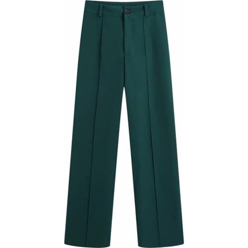 Evfer Women Fashion High Waist Za Green Long Suit Pants Female Causal New Spring Straight Solid Trousers Chic
