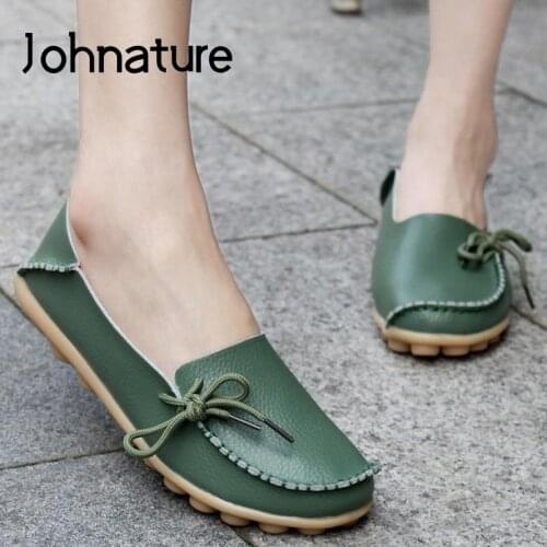 Johnature Casual Flats Women Shoes 2020 New Spring Shallow Round Toe Concise Comfortable Green Lace-up Sewing Ladies Shoes