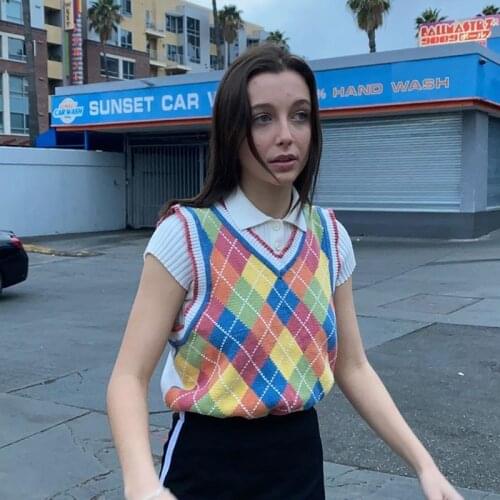 Women Diamond Lattice Knitted Sweaters Sleeveless Casual Color Block Pullover Waistcoat Round Neck Girls Sweater Vest Crop Tops