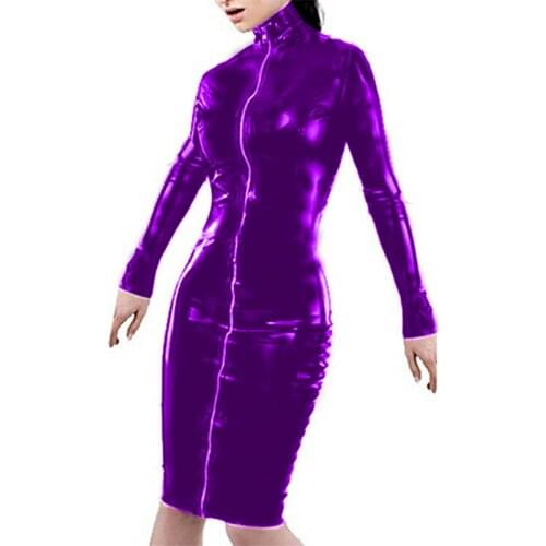 17 Colors Women Long Sleeve Turtleneck Bodycon Midi Dress Shiny Metallic Front Full Zipper Knee Length Party Club Dresses