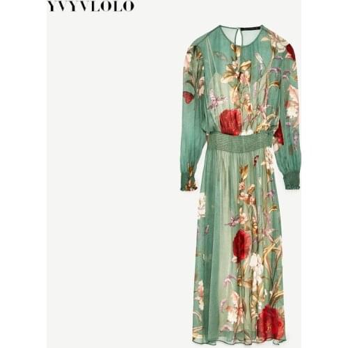 YVYVLOLO 2017 New Flowers printed chiffon dress Women two pieces set long sleeve elastic waist summer casual dresses vestidos