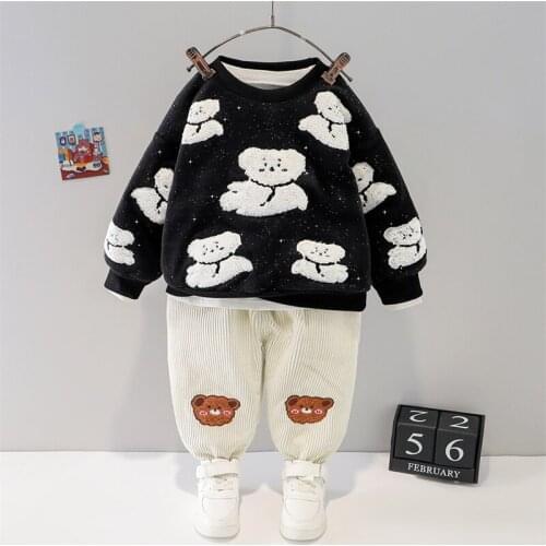 HYLKIDHUOSE Winter Baby Girls Boys Clothing Sets Infant Clothes Child Cartoon Bear Thicken Plush Sweater Pants Kids Sportswear