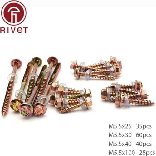 160Pcs Hex Head Self Drilling Tapping Screw Set M5.5 Zinc-Plated Carbon Steel Hexagon Flange Head Wood Screw With Washer