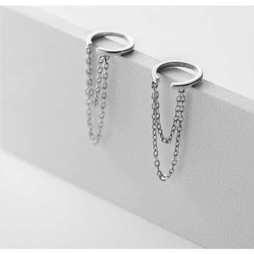No pierced) Real. 925 Sterling Silver jewelry Circle Double Rows Chain Ear-bone Ear Cuff Clip Earrings Tassel C-G6902