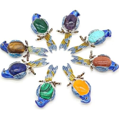 Natural Stone Pendant Pin Cute Animal Parrot Rose Quartz Amethyst Ornament Childlike Badge Handmade Crafts for Women and Child