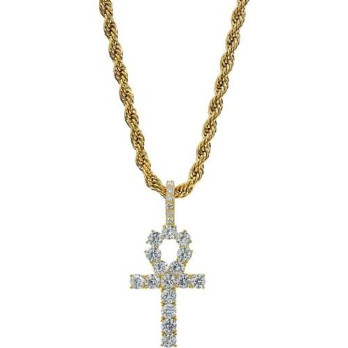 Hip Hop Iced Out Rhinestone Crystal Christ Cross Religious Ankh Pendant Necklace Street Dance Rope Chain Jewelry Gift For Men