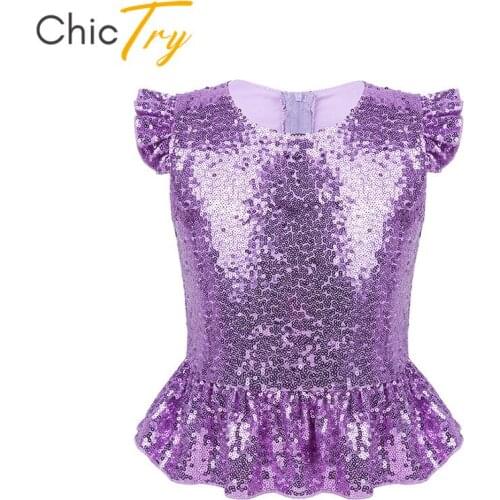 ChicTry Kids Girls Sparkly Sequins Short Flutter Sleeves Back Zipper Tops Carnival Birthday Party Performance Jazz Dance Costume