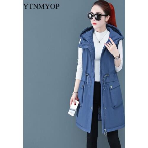 Long Waistcoat Women Winter Vest Thick Warm Sleeveless Jacket Coat Drawstring Slim Hooded Vests Snow Wear YTNMYOP