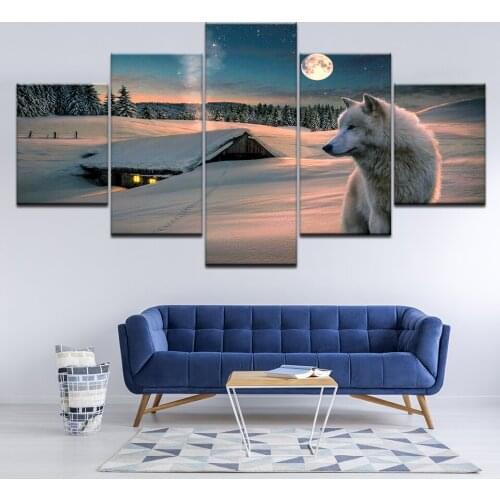 Canvas Painting White wolf on the snow at night 5 Pieces Wall Art Painting Modular Wallpapers Poster Print Home Decor