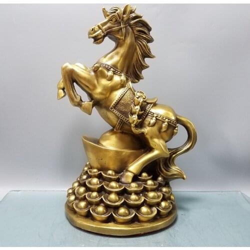 14" Chinese Seikos Bronze Chinese Zodiac Horse Statue Horse riding on ingot Implication Lucky fortune Wangcai Decoration