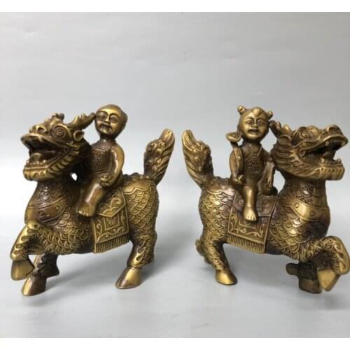 China brass child ride kirin crafts statue A pair