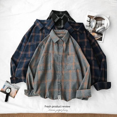 Korean loose Plaid Shirt trend casual couple coat new black autumn style shirt with long sleeve backing