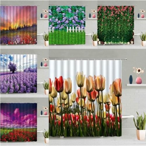 Colorful Tulips Lavender Flower Shower Curtain Pastoral Plant Floral Bathroom Decor Garden Lawn Waterproof Bath Screen Hooks Set
