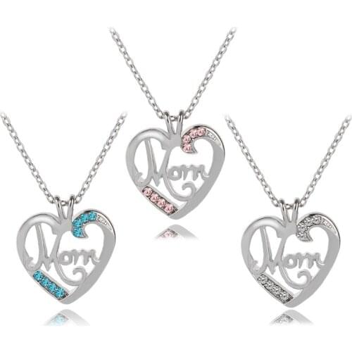 "Love You Mom"Heart Shaped Pendant Necklace Pink Blue Crystal Birthday Gift for Mom Mothers Day Gift