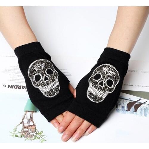 MPPM Winter Gloves Women Rhinestone Skull A+ Diamond Crown Half Finger Warm Knitted Black Mittens students Gants Femme