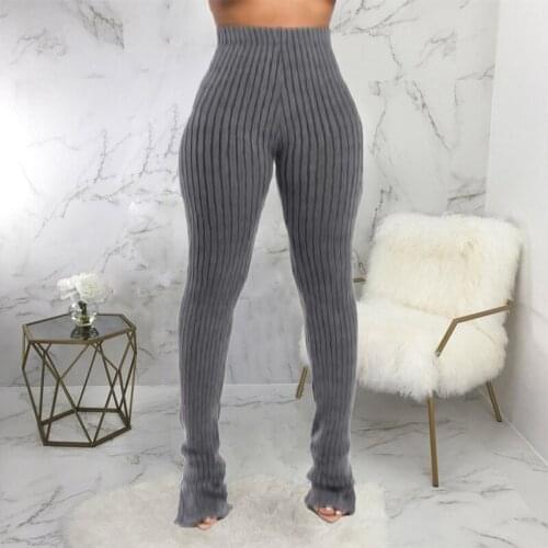 TNNAOFF Sexy Knitted Stacked Flare Pans for Women Fall Trendy Solid High Waisted Skinny Elastic Side Split Streetwear Trousers