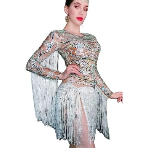 O-Neck Long Sleeve Sparkling Rhinestones Pattern Tassel Bodysuits Singer Costumes Stage Wear Lady Latin Dancing Clothes