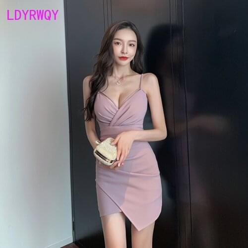 LDYRWQY Sexy deep V low-cut sling dress design sense temperament slimming irregular hips Office Lady Knee-Length