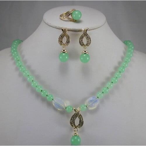 Harming WomenS Precious Jade Stone Necklace Earring Ring(7/8/9) Jewelr Set