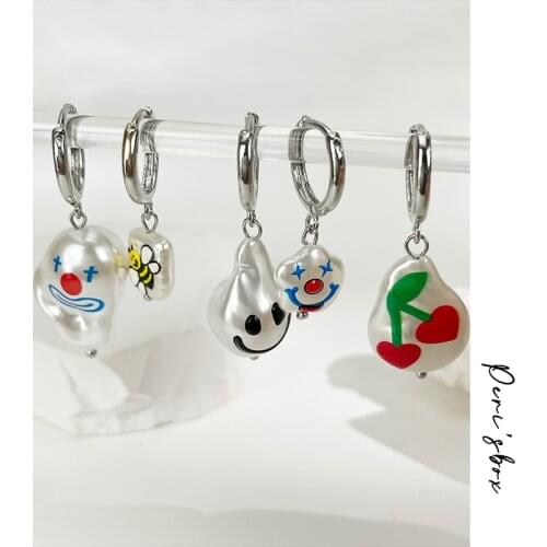PerisBox Funny Clown Smiley Face Pattern Pearl Hoops Earring Cute Heart Cherry Bee Baroque Pearls Hoop Earrings