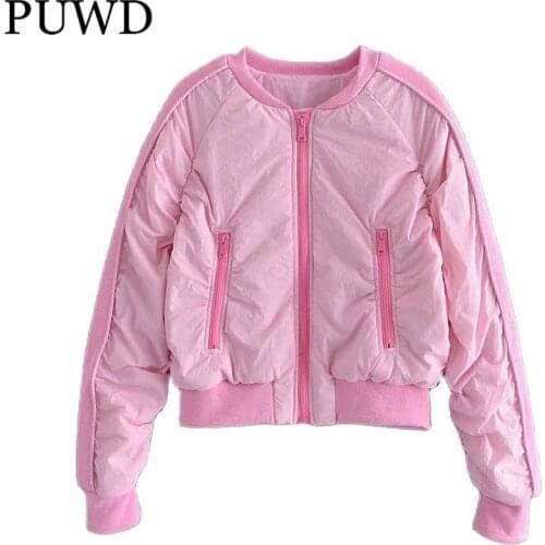 PUWD Women Pink Cotton Jacket 2021 Autumn Fashion Ladies Casual Chic Zipper Parka Streetwear Female Elastic Waist Outerwear