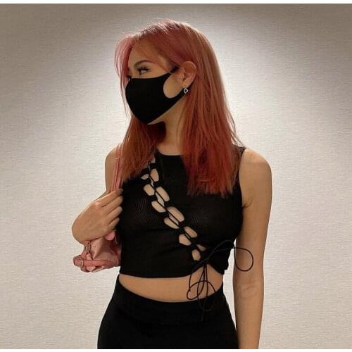 2021 Women Short Mini T-shirt Sexy Bandage Hollow Out Tee Girls Sleeveless Crop Tops Female Black Streetwear Fashion Tanks New