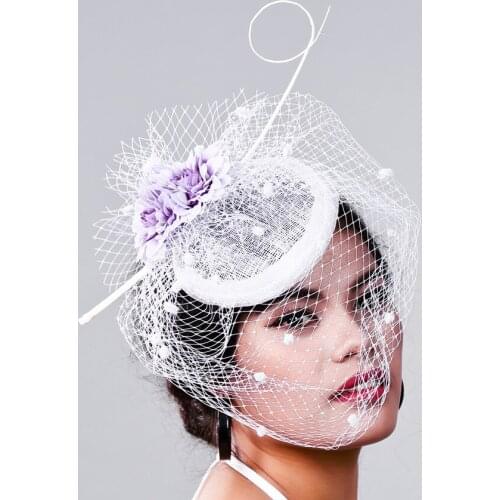 Women Chic Fascinator Hat Cocktail Wedding Party Amazing Fascinator Veil Feather Headband White Women Bridal Sinamay MD16022
