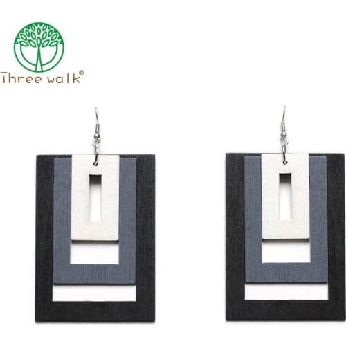 One pairs only Fashion Hollow Double Layers Square Wood Hook Earrings Summer Holiday Party Retro Women Statement Jewelry