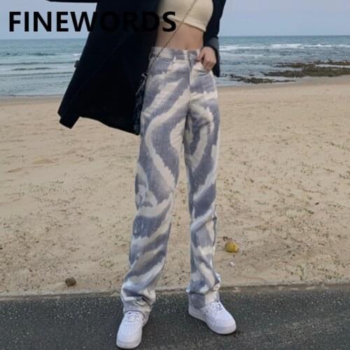 FINEWORDS Vintage Dyed Wide Leg Jeans For Women Casual Loose Straight Jeans Korean High Waist Streetwear Printed Denim Pants