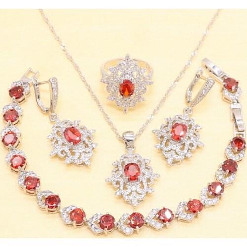 XUTAAYI Sterling Silver Wedding Jewelry Sets for Women Red Zircon Bracelet Earrings Necklace Pendant Ring Gift Box
