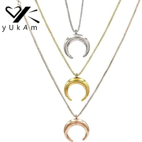 YUKAM High Polished Silver Color Gold Stainless Steel OX Horns Charm Pendant Necklaces for Women Crescent Moon Necklaces Jewelry