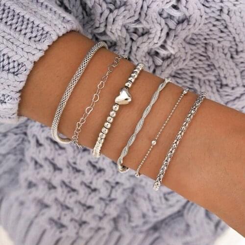 6 Pcs/Set Love Heart Charm Bracelets Set for Women Vintage Silver Beads Chain Bracelets for Girls Hand Wrist Jewlery Accessories