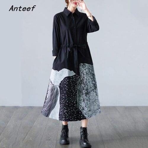 Anteef long sleeve plus size cotton vintage dresses for women casual loose spring autumn shirt dress elegant clothing 2021
