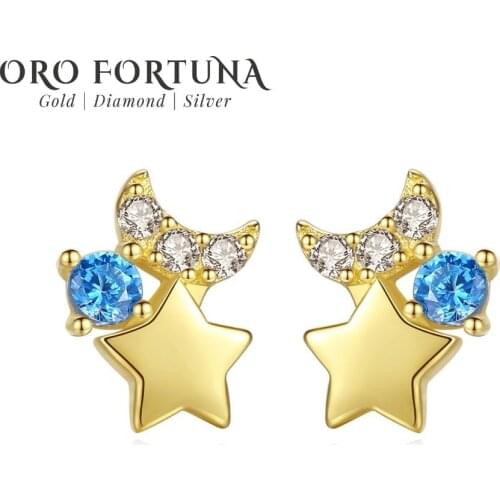 14k Gold Aquamarine Moon and Star Stud Earrings for Women