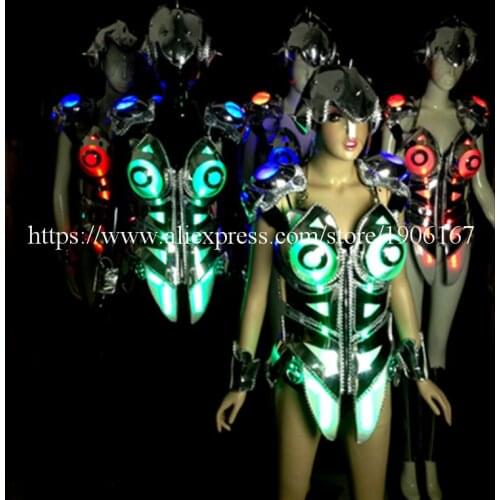 2 Sets Silver Plated Mirror Ballroom Costumes Led Luminous Sexy Lady Party Evening Dress Fashion Model Stage TV Show Clothes