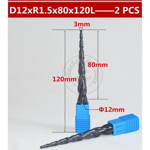 Free shipping-2PCS R1.5*D12*80C*120L*2F HRC55 Tungsten solid carbide Coated Tapered Ball Nose End Mill taper and cone end mills