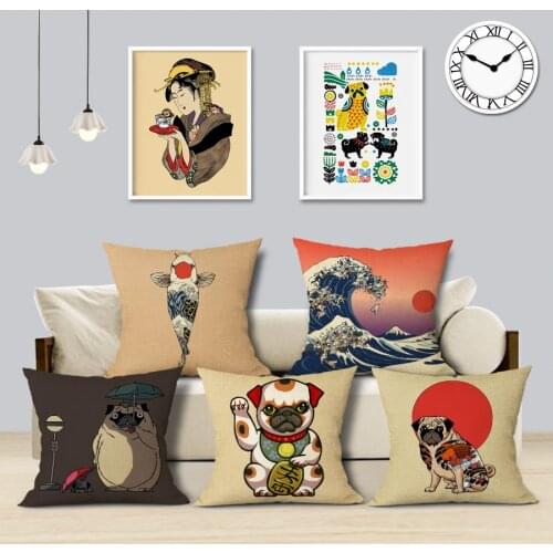Pug Dog Hot Selling Fashion Ethnic Style Japanese Pillow Cover Animal Lovely Cushion Cover Sofa Decoratove Pillow Case Custom