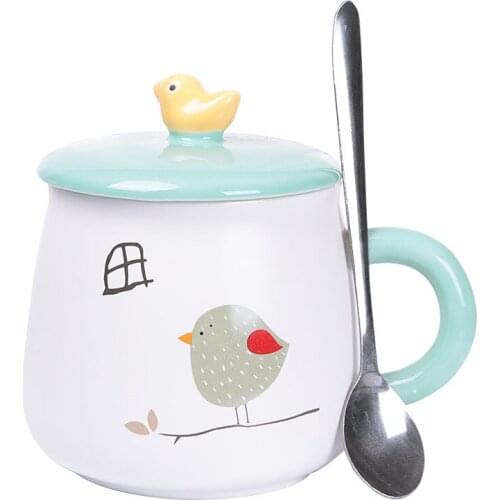 Cartoon Cute Mug Ceramic Creative Office Water Mug Mug with Lid Spoon Couple Breakfast Tea Tazas De Ceramica Coffee Mug DD60MG