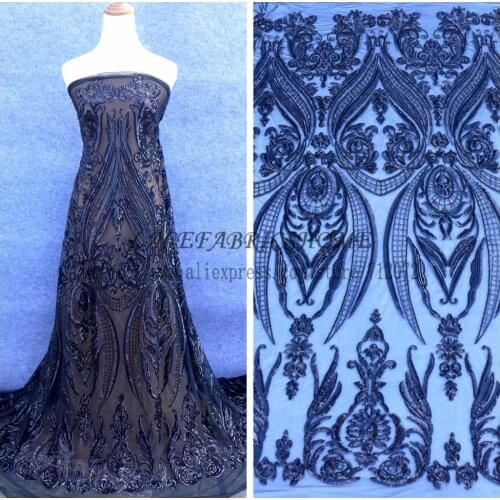 La Belleza 1 yard New black/White/Gold/ Champgane/green/blue on beige backgroun sequins lace fabric 51'' width