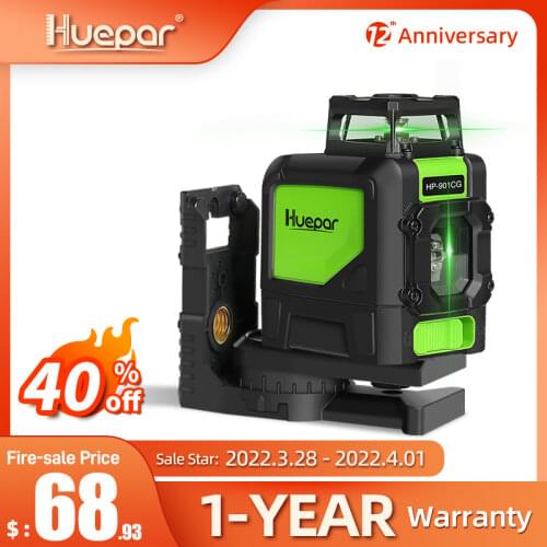 Huepar Cross Line Laser Level Green Beam Self-leveling Manual Modes With 360° Coverage Horizontal Line with One Veritical Line